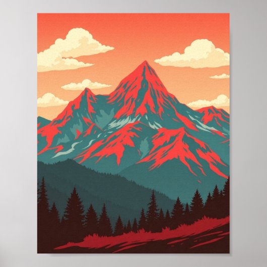 Retro Mountain Landscape Red Blue Poster ポスター (正面)