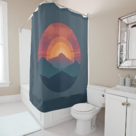 Retro Mountain Sunset Art Watercolor Painting Blue シャワーカーテン