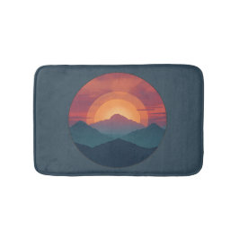 Retro Mountain Sunset Art Watercolor Painting Blue バスマット