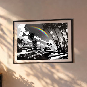 Retro Muscle Car Hawaii Rainbow Modern Street Art ポスター