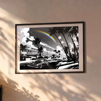 Retro Muscle Car Hawaii Rainbow Modern Street Art ポスター