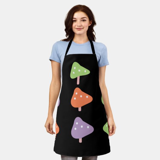 Retro Mushroom Colorful Pattern Black エプロン (着用した状態)