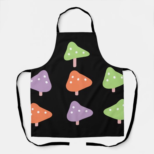 Retro Mushroom Colorful Pattern Black エプロン (正面)