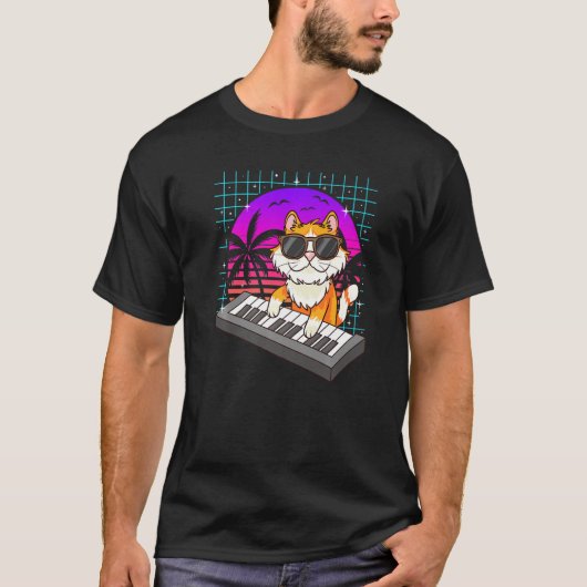 Retro Music Cat Synthesizers Keyboard Summer Women Tシャツ (正面)