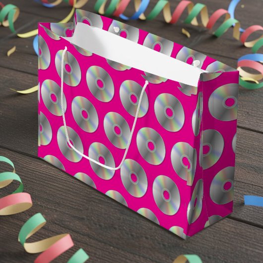 Retro Music CDs Pattern Hot Pink Large Gift Bag ラージペーパーバッグ