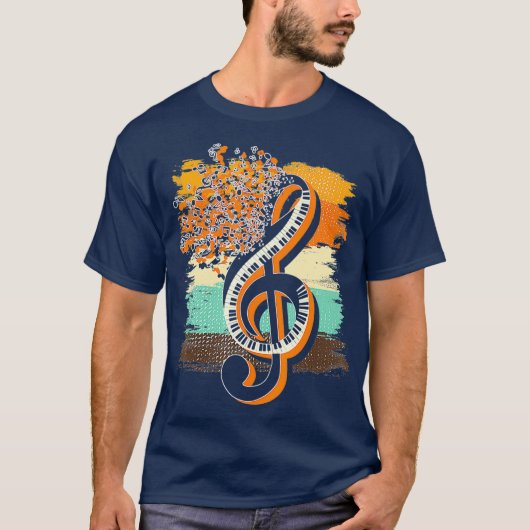 Retro Musician Music Notes Piano Keys Treble Tシャツ (正面)
