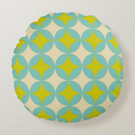 Retro Mustard and Teal Geometric Circle Pattern ラウンドクッション