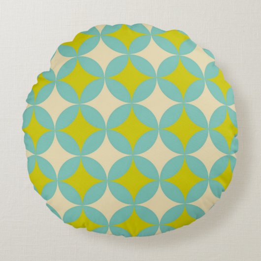 Retro Mustard and Teal Geometric Circle Pattern ラウンドクッション (正面)