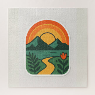 Retro Nature Sunset – Vintage Mountain ジグソーパズル