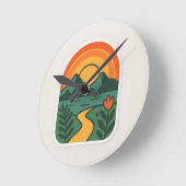 Retro Nature Sunset – Vintage Mountain ラウンド壁時計 (傾斜)