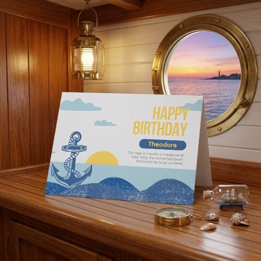 Retro Nautical Anchor & Sun Personalized Birthday  カード