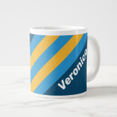 Retro Navy Blue Stripes with Name ジャンボコーヒーマグカップ (正面右)