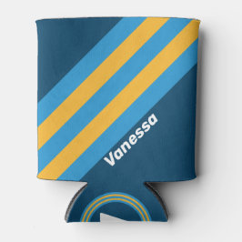 Retro Navy Blue Stripes with Name 缶クーラー