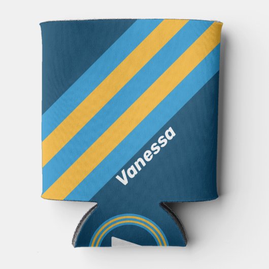 Retro Navy Blue Stripes with Name 缶クーラー (正面)