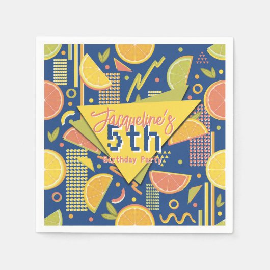 Retro Navy Blue Summer Citrus Fruit Birthday スタンダードカクテルナプキン (正面)