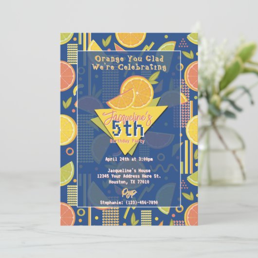 Retro Navy Blue Summer Citrus Fruit Birthday 招待状 (スタンド正面)