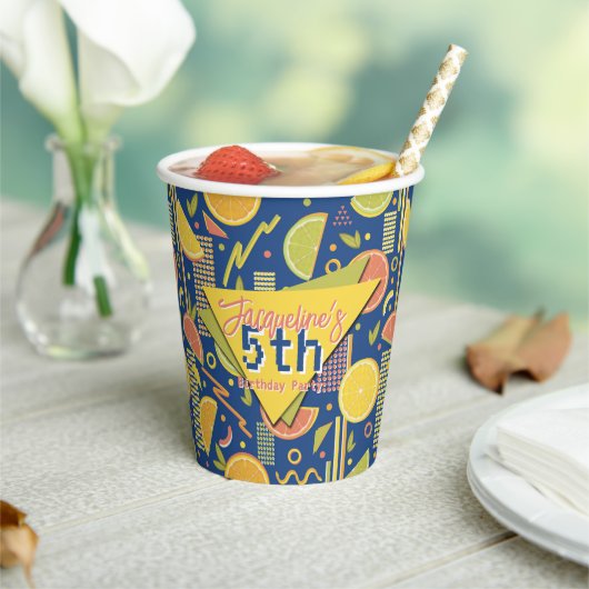 Retro Navy Blue Summer Citrus Fruit Birthday 紙コップ (インサイチュ)