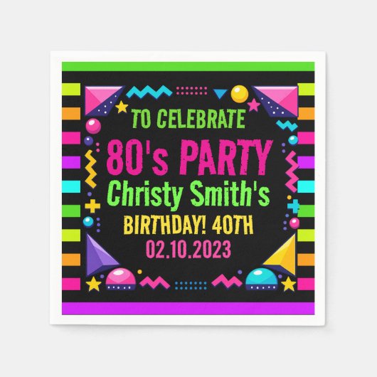 Retro Neon 80s Birthday Party スタンダードカクテルナプキン (正面)