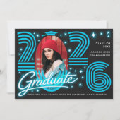 Retro Neon Blue Photo Graduate Announcement 招待状 (正面)