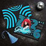 Retro Neon Blue Photo Graduate Announcement 招待状<br><div class="desc">This trendy and stylish graduation announcement features a photo of the grad, with retro 80s typography for an up-to-date throwback look. There is room on the back of the card to add all the details about the class, school, and future plans of the graduate. Placeholder image provided by Unsplash and...</div>