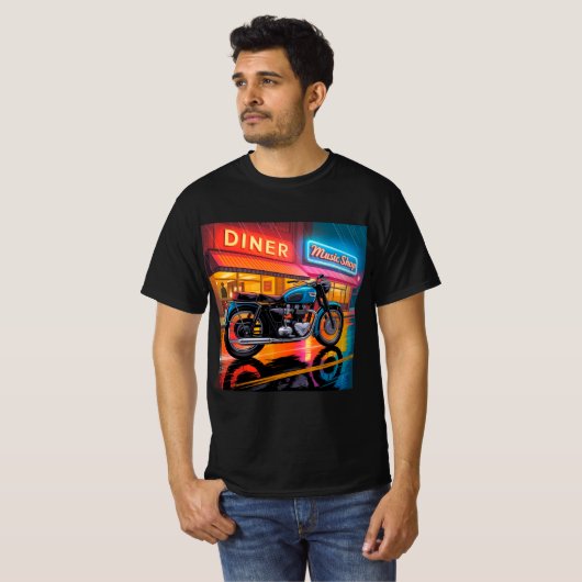 Retro Neon Motorcycle — Cafe Racer Men’s Tシャツ (正面フル)