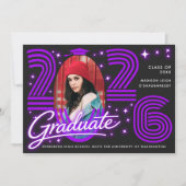 Retro Neon Purple Photo Graduate Announcement 招待状 (正面)