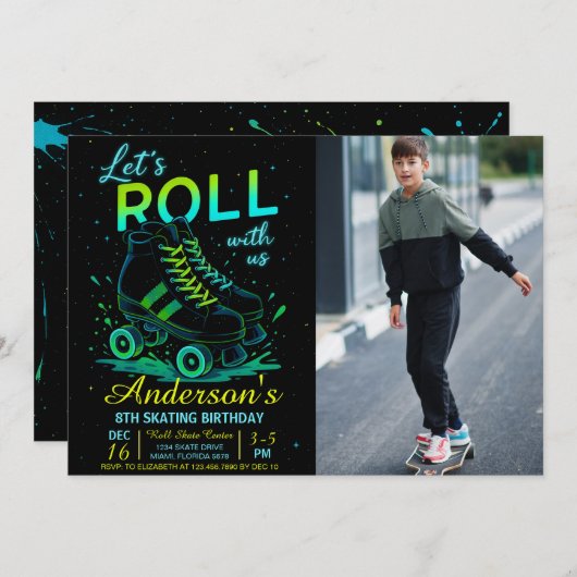 Retro Neon Roller Skate Birthday Photo 招待状 (正面/裏面)