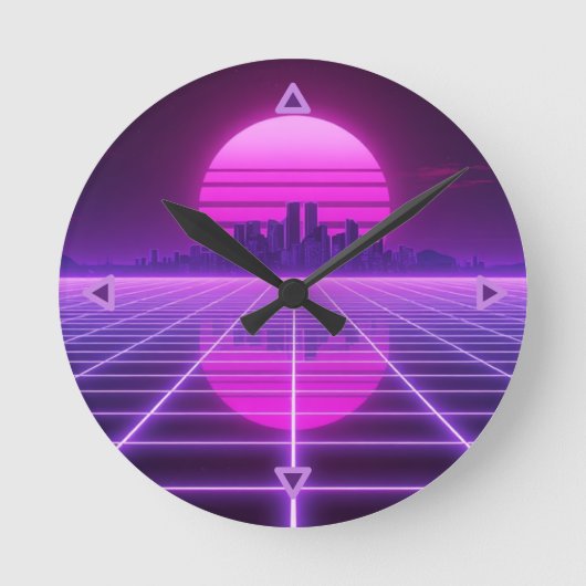 Retro Neon Synthwave Infinity Grid Wall Clock - Cy ラウンド壁時計 (正面)