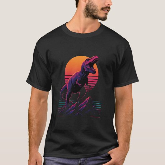 Retro Neon T-Rex Roar at Sunset Tシャツ (正面)