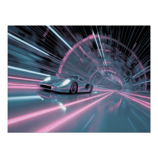 Retro Neon Tunnel Speed Car Art ポスター (正面)