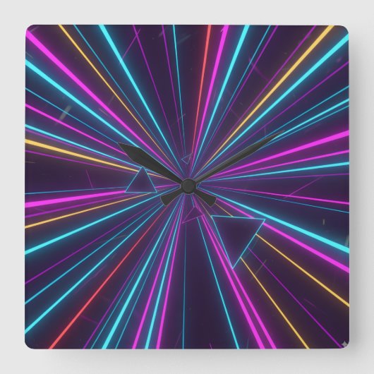 Retro Neon Wall Clock – 80s Futuristic Design スクエア壁時計 (正面)