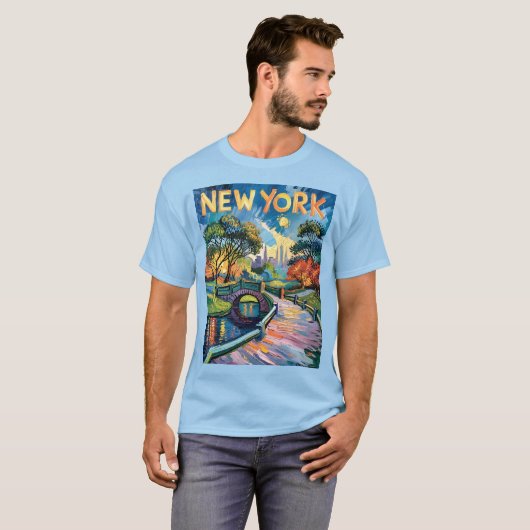 Retro New York Central Park Van Gogh Cityscape Art Tシャツ (正面フル)