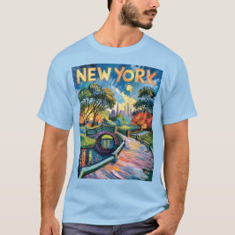 Retro New York Central Park Van Gogh Cityscape Art Tシャツ