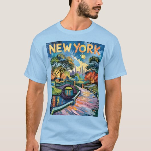 Retro New York Central Park Van Gogh Cityscape Art Tシャツ (正面)