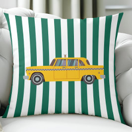Retro New York City Taxi Cab, Car on Green Stripes クッション