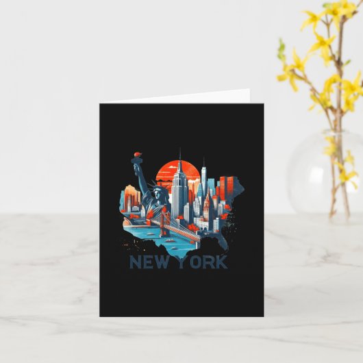 Retro New York Skyline Silhouette  カード (黄色い花)
