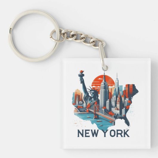 Retro New York Skyline Silhouette キーホルダー (正面)