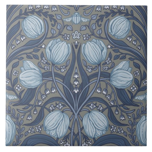 Retro Nouveau Tulips in blue and pewter タイル (正面)