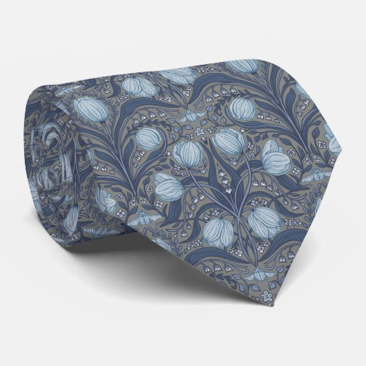 Retro Nouveau Tulips in blue and pewter ネクタイ (ロール)