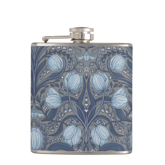 Retro Nouveau Tulips in blue and pewter フラスク (正面)