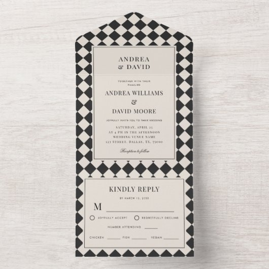 Retro Old Money Checkered Wedding オールインワン招待状 (内側)