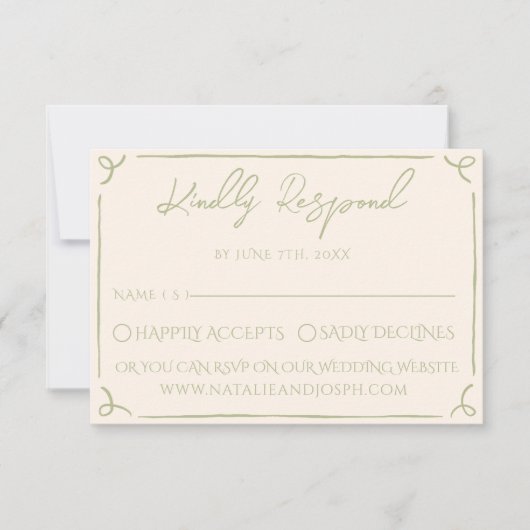 Retro Olive Green Hand Written Drawn Wedding 出欠カード (正面)