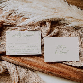 Retro Olive Green Hand Written Drawn Wedding 出欠カード