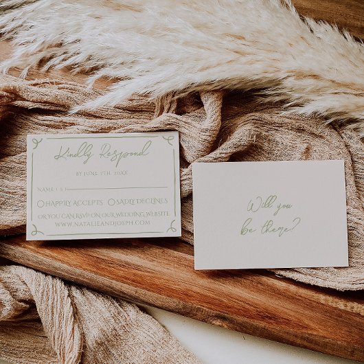 Retro Olive Green Hand Written Drawn Wedding 出欠カード