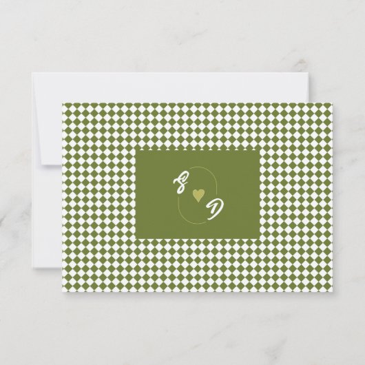 Retro Olive green Minimalist Checkered Wedding 出欠カード (裏面)