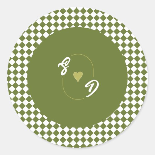 Retro Olive Green Monogram Initial Heart Wedding ラウンドシール (正面)