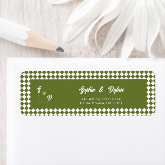 Retro Olive Green Monogram Initial Wedding Address ラベル (インサイチュ)