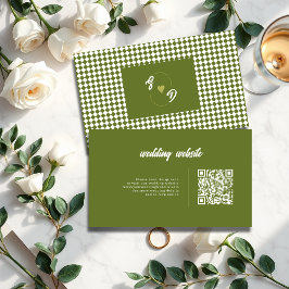 Retro Olive green QR code Checkered Wedding エンクロージャーカード