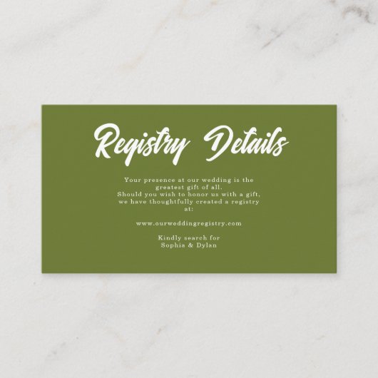 Retro Olive green Wedding Shower Gift Registry エンクロージャーカード (正面)