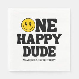 Retro One Happy Dude Smile Face Boy 1st Birthday スタンダードランチョンナプキン
